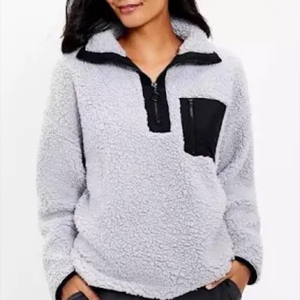Lou & Grey Cozy Sherpa 1/4 Zip Up Jacket In Grey & Black size M medium